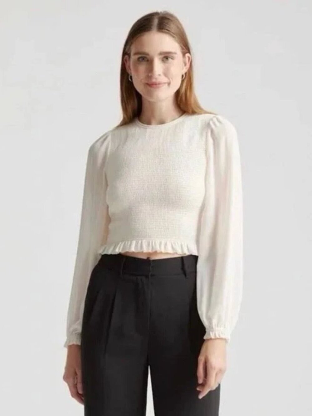Quince Chiffon Cropped Smocked Blouse Cream Size Small